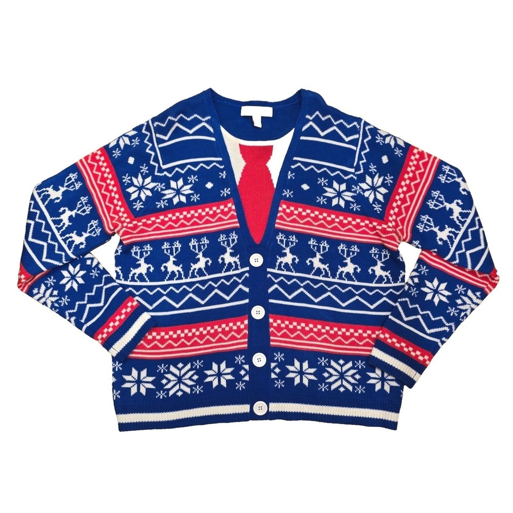 Jolly Sweaters Ugly Christmas Sweater with Faux Tie Mens Red White Blue Size XXL